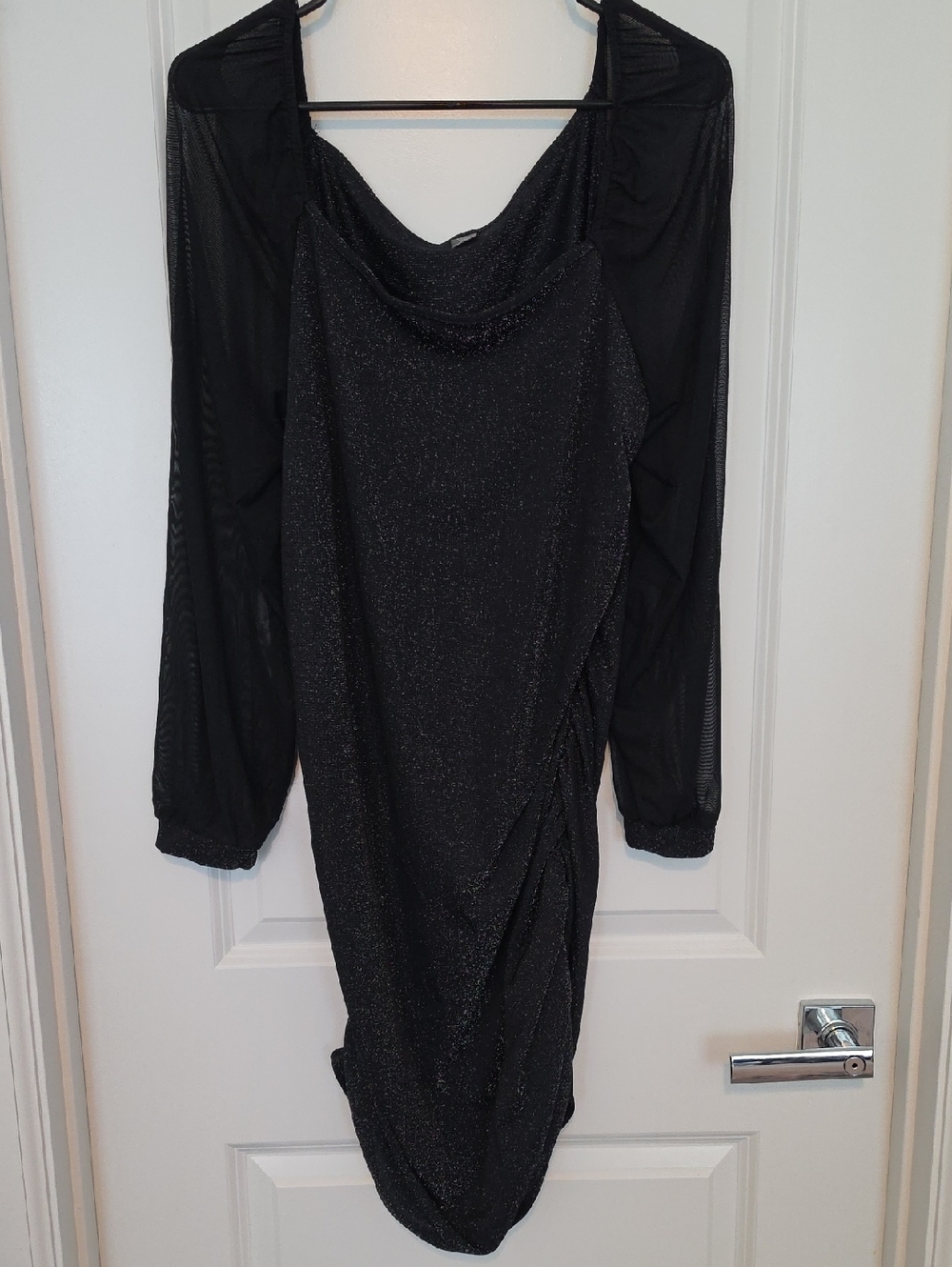 SHEIN Black Sparkle Cowl Neck Mini Dress with Sheer Sleeves